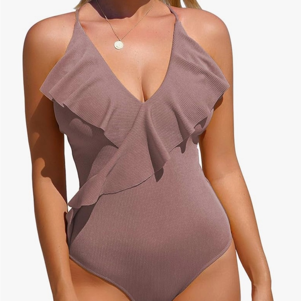 CUPSHE Women's One Piece Ruffle Wrap Textured Beach Swimsuit - Mauve